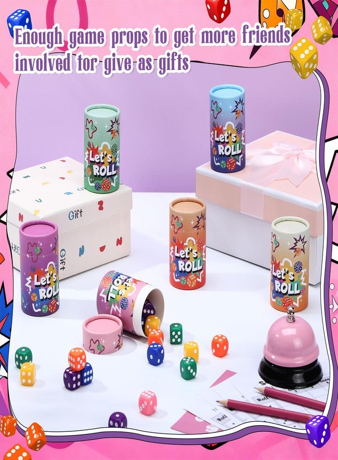 RoundFunny 6 Sets Bunco Game Kit Party Supplies for Ladies Night Family Christmas Board Game Gift 72 Colorful Dice 6 Bells 6 Dice Cups 30 Score Card 6 Pencils Rule Sheet for up to 6 Groups 2-12 Player - Image 5